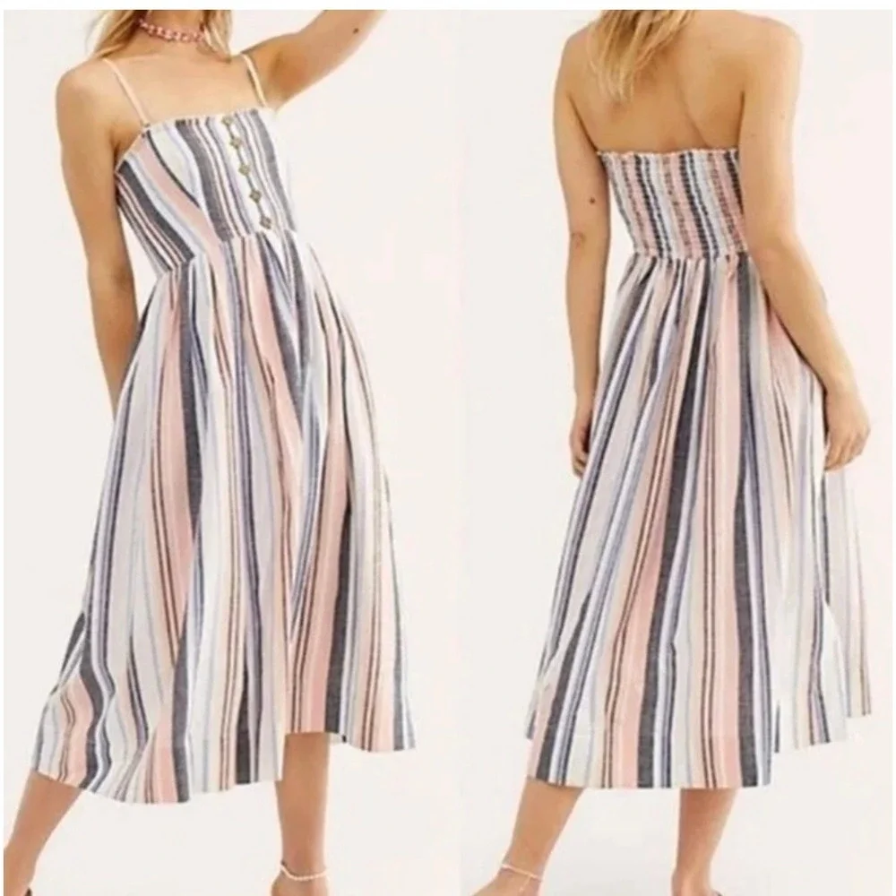 Free People Lilah Maxi Dress XS White Blue Pink Striped Convertible Strap‎ Boho